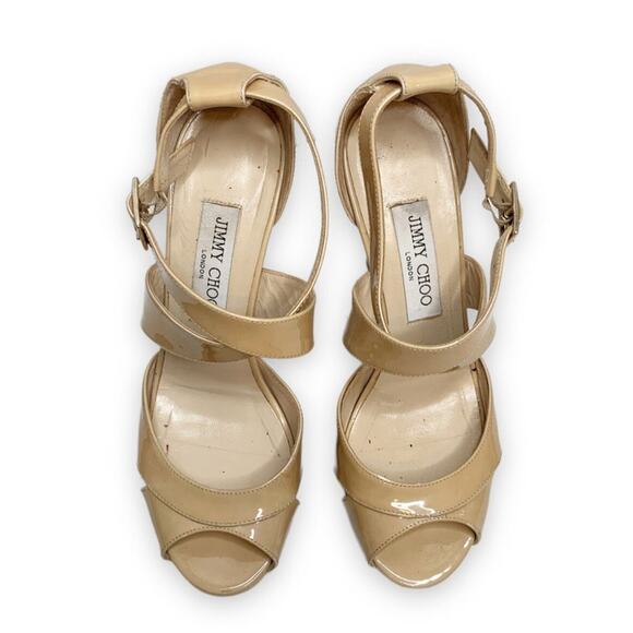 JIMMY CHOO LONDON KUKI BEIGE PATENT‎ LEATHER SANDALS MADE IN ITALY SIZE 38 1/2 - Picture 1 of 11